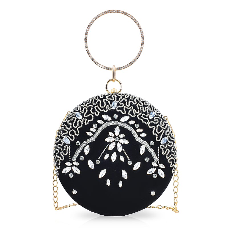 Black Hand Embroidery Round Shaped Beads Studded Velvet Clutch with Ring Handle and Sling Chain