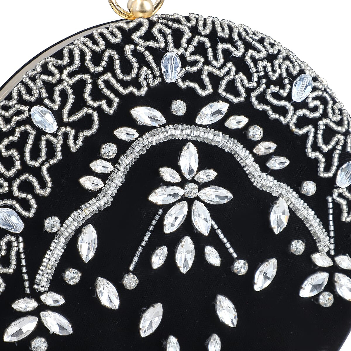 Black Hand Embroidery Round Shaped Beads Studded Velvet Clutch with Ring Handle and Sling Chain image number 2