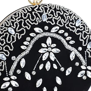 Black Hand Embroidery Round Shaped Beads Studded Velvet Clutch with Ring Handle and Sling Chain