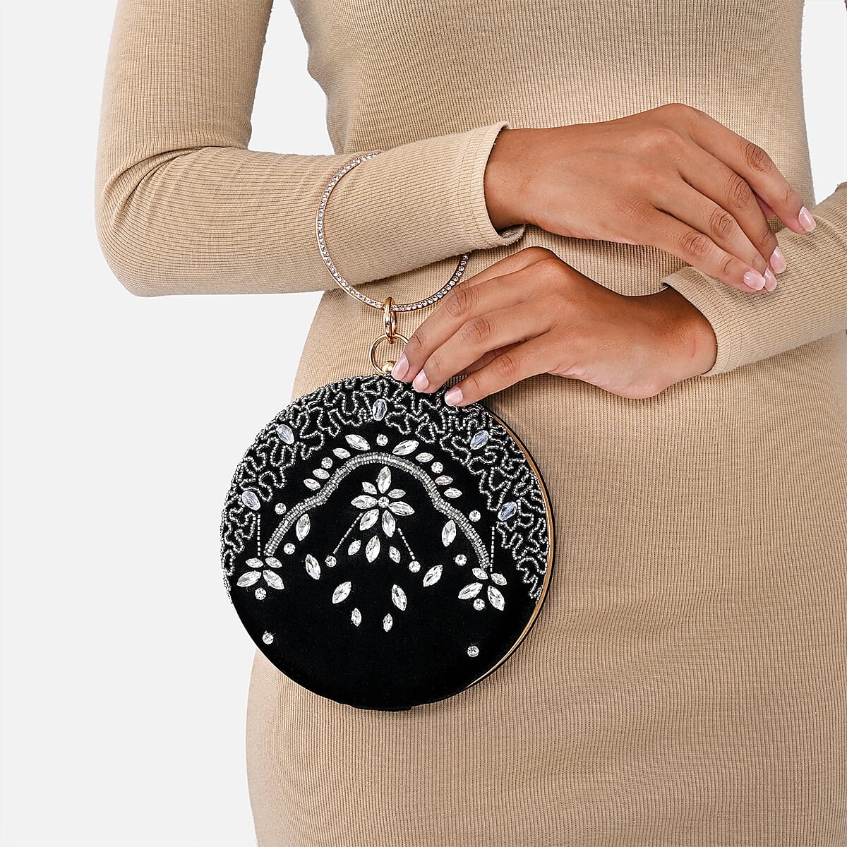 Black Hand Embroidery Round Shaped Beads Studded Velvet Clutch with Ring Handle and Sling Chain image number 3