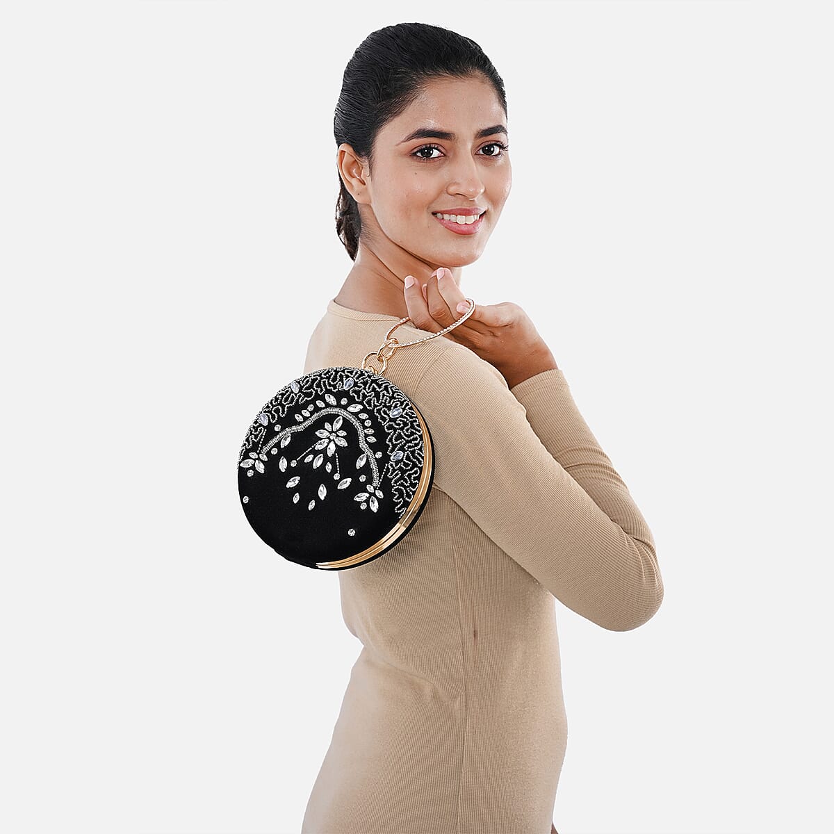 Black Hand Embroidery Round Shaped Beads Studded Velvet Clutch with Ring Handle and Sling Chain image number 4