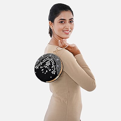 Black Hand Embroidery Round Shaped Beads Studded Velvet Clutch with Ring Handle and Sling Chain