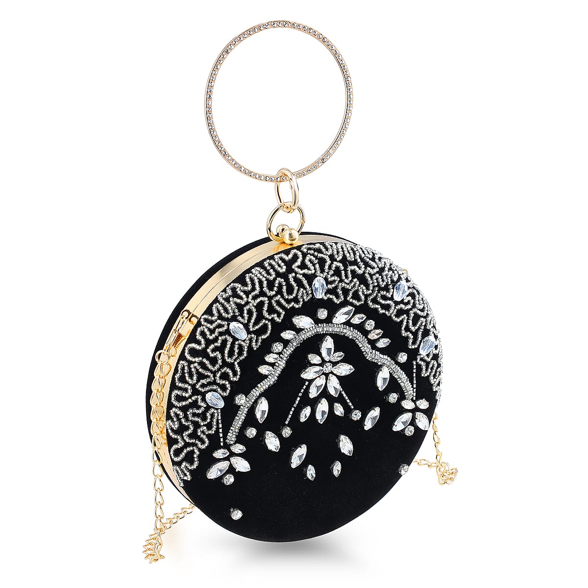 Black Hand Embroidery Round Shaped Beads Studded Velvet Clutch with Ring Handle and Sling Chain image number 5