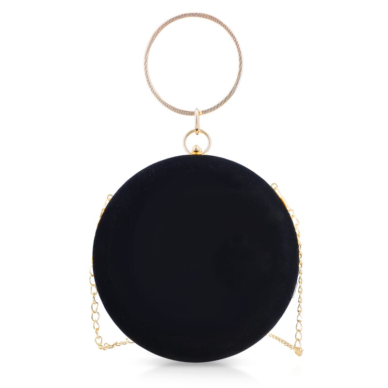 Black Hand Embroidery Round Shaped Beads Studded Velvet Clutch with Ring Handle and Sling Chain