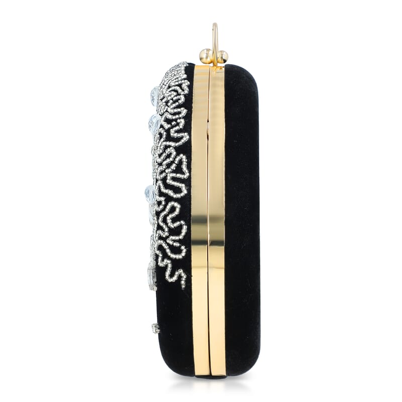Black Hand Embroidery Round Shaped Beads Studded Velvet Clutch with Ring Handle and Sling Chain