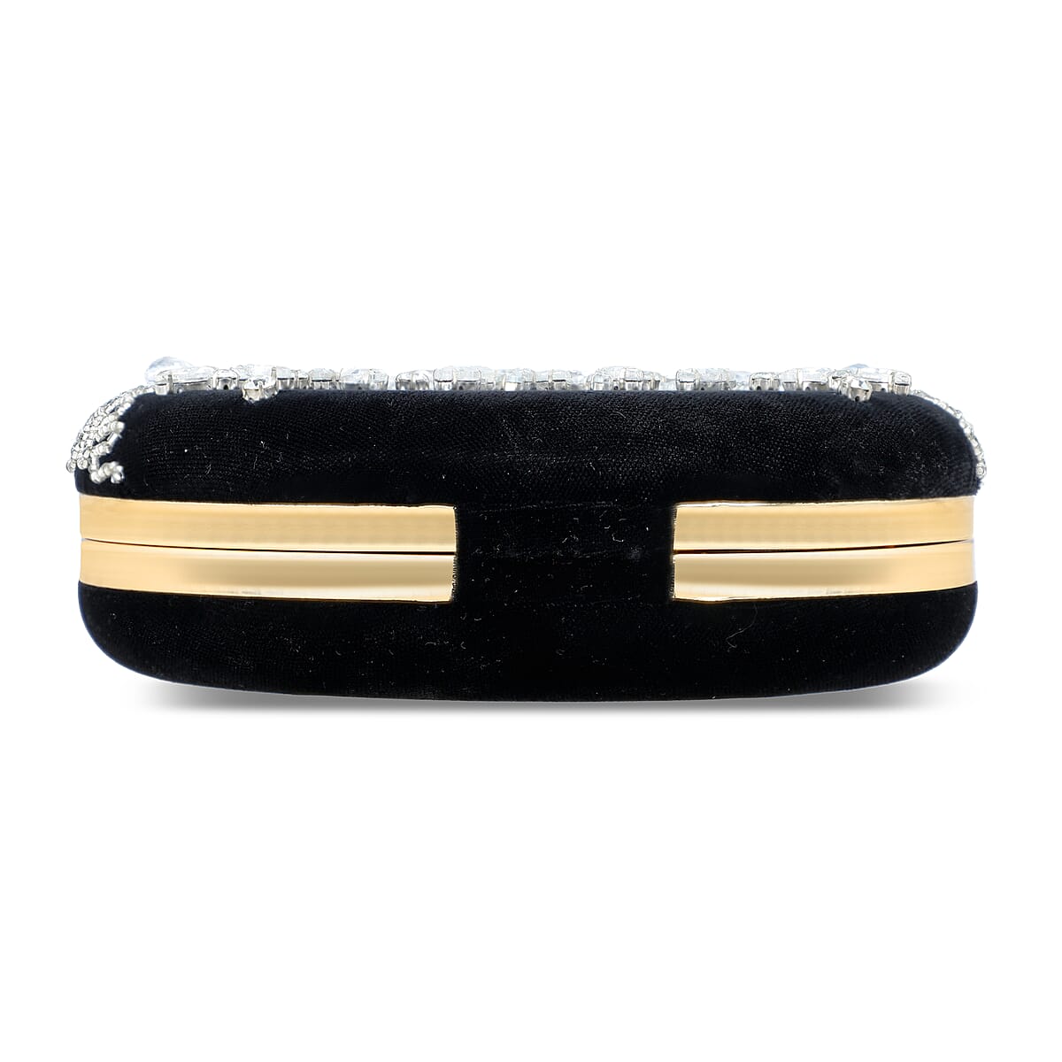 Black Hand Embroidery Round Shaped Beads Studded Velvet Clutch with Ring Handle and Sling Chain image number 8