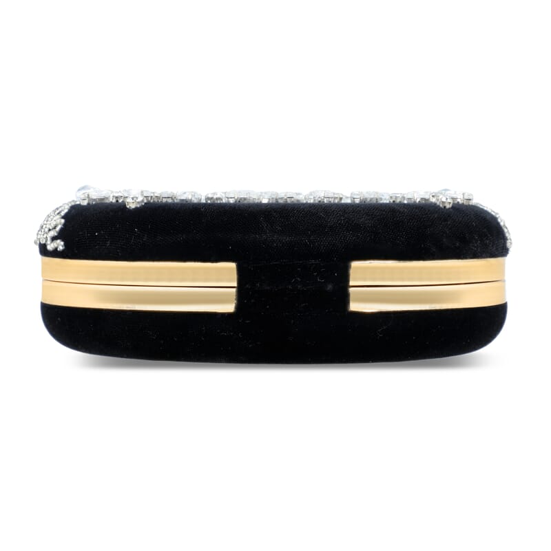 Black Hand Embroidery Round Shaped Beads Studded Velvet Clutch with Ring Handle and Sling Chain