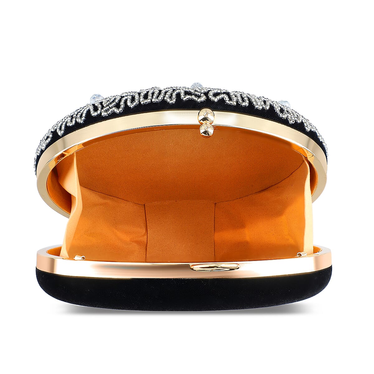 Black Hand Embroidery Round Shaped Beads Studded Velvet Clutch with Ring Handle and Sling Chain image number 9