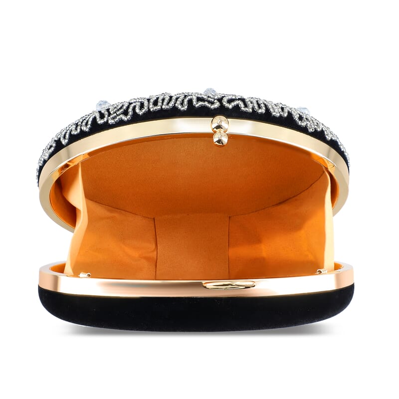 Black Hand Embroidery Round Shaped Beads Studded Velvet Clutch with Ring Handle and Sling Chain