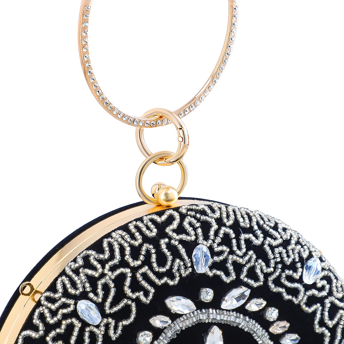 Black Hand Embroidery Round Shaped Beads Studded Velvet Clutch with Ring Handle and Sling Chain image number 10
