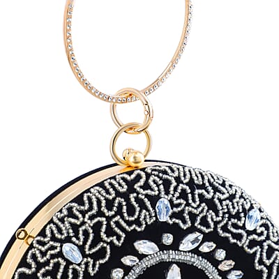 Black Hand Embroidery Round Shaped Beads Studded Velvet Clutch with Ring Handle and Sling Chain