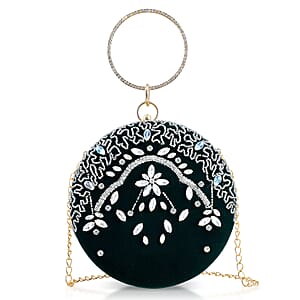 Green Hand Embroidery Round Shaped Beads Studded Velvet Clutch with Ring Handle and Sling Chain