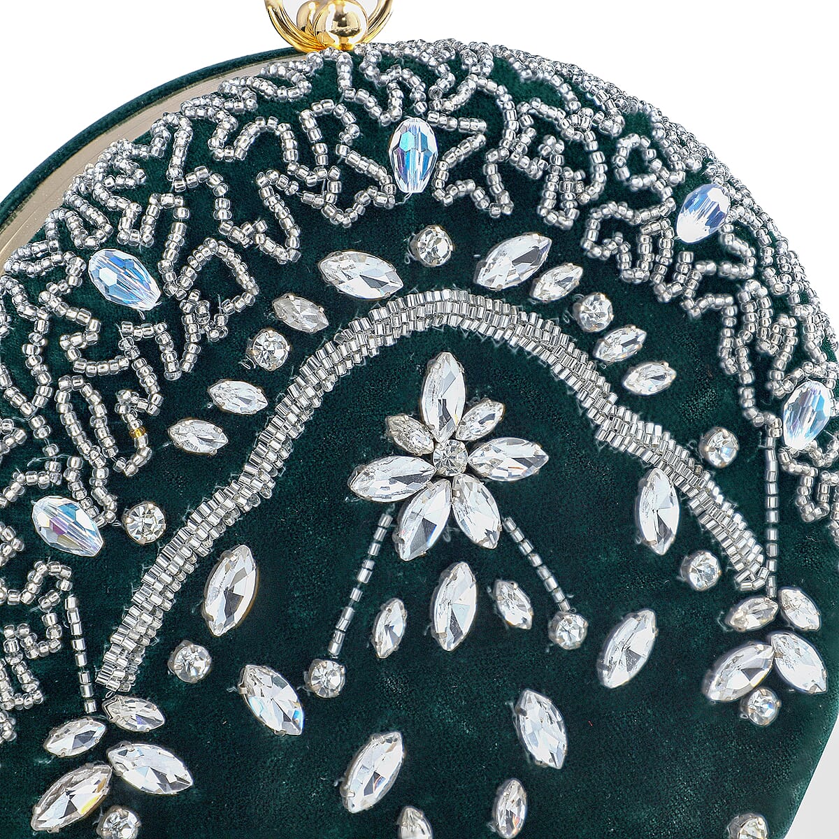 Green Hand Embroidery Round Shaped Beads Studded Velvet Clutch with Ring Handle and Sling Chain image number 2
