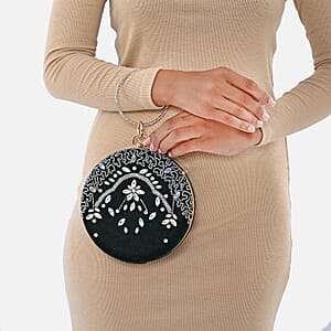 Green Hand Embroidery Round Shaped Beads Studded Velvet Clutch with Ring Handle and Sling Chain
