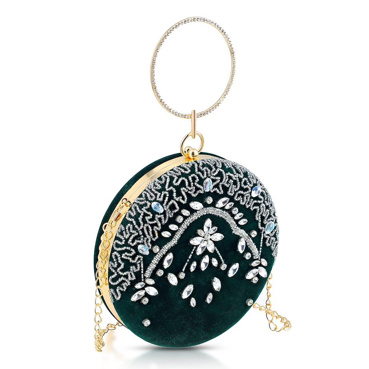 Green Hand Embroidery Round Shaped Beads Studded Velvet Clutch with Ring Handle and Sling Chain image number 5