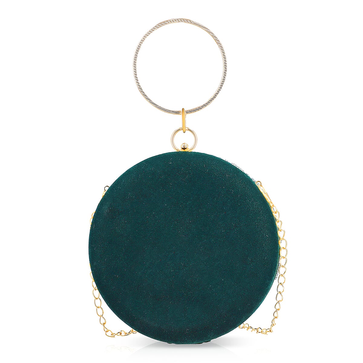 Green Hand Embroidery Round Shaped Beads Studded Velvet Clutch with Ring Handle and Sling Chain image number 6