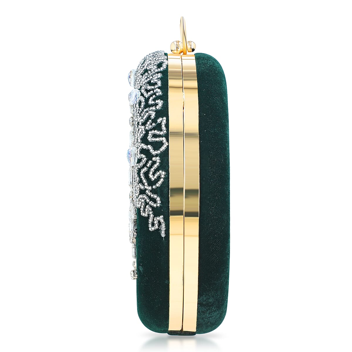 Green Hand Embroidery Round Shaped Beads Studded Velvet Clutch with Ring Handle and Sling Chain image number 7