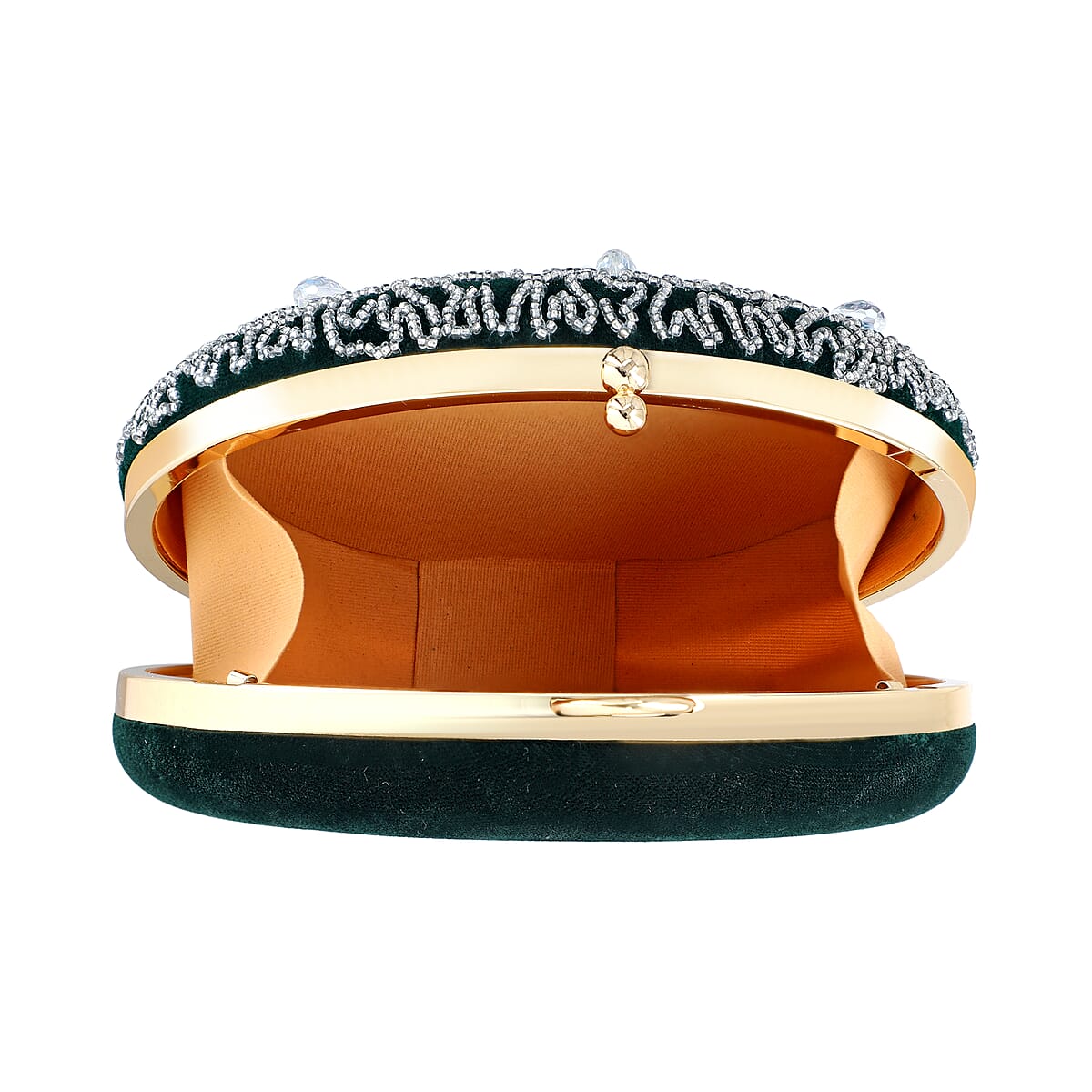 Green Hand Embroidery Round Shaped Beads Studded Velvet Clutch with Ring Handle and Sling Chain image number 9
