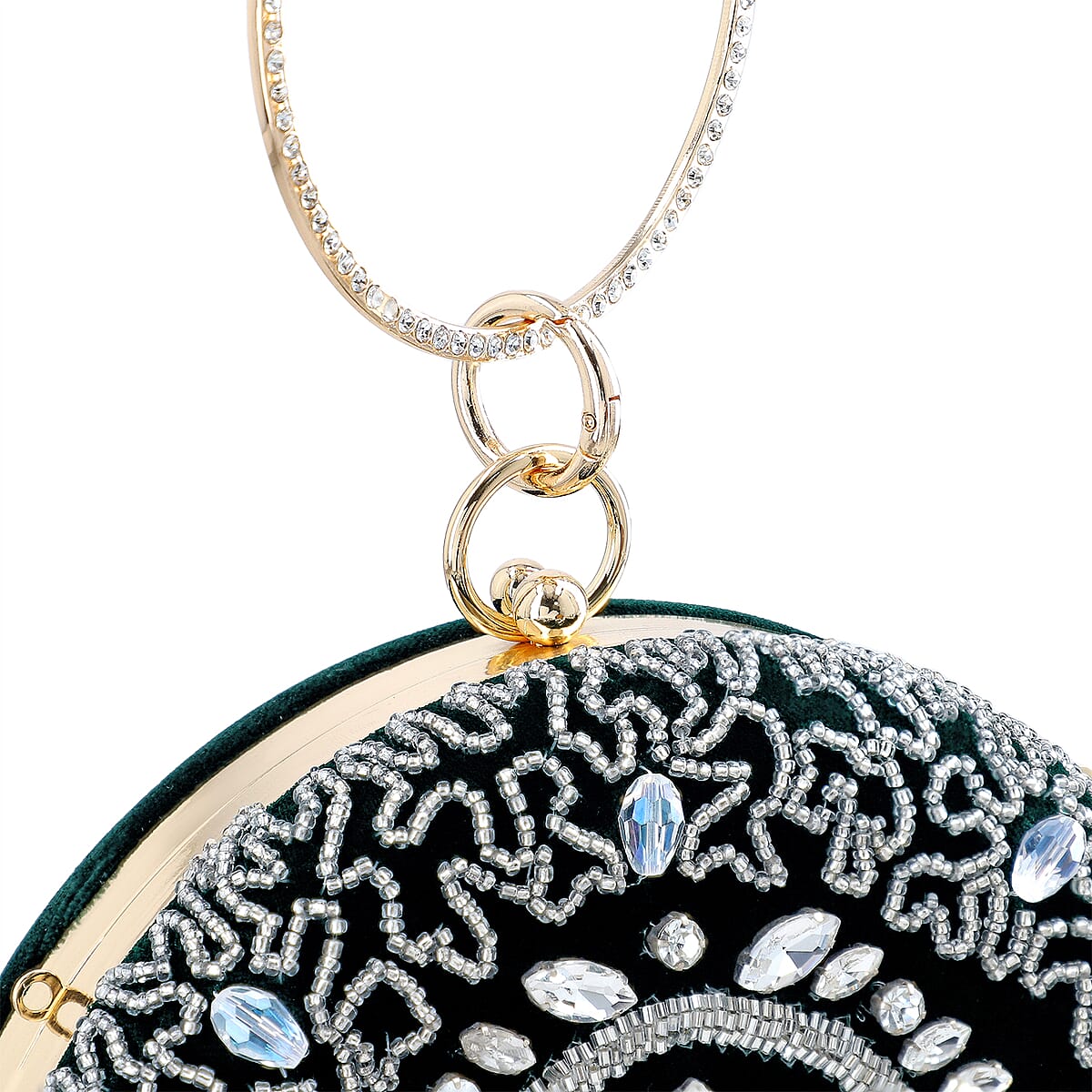 Green Hand Embroidery Round Shaped Beads Studded Velvet Clutch with Ring Handle and Sling Chain image number 10