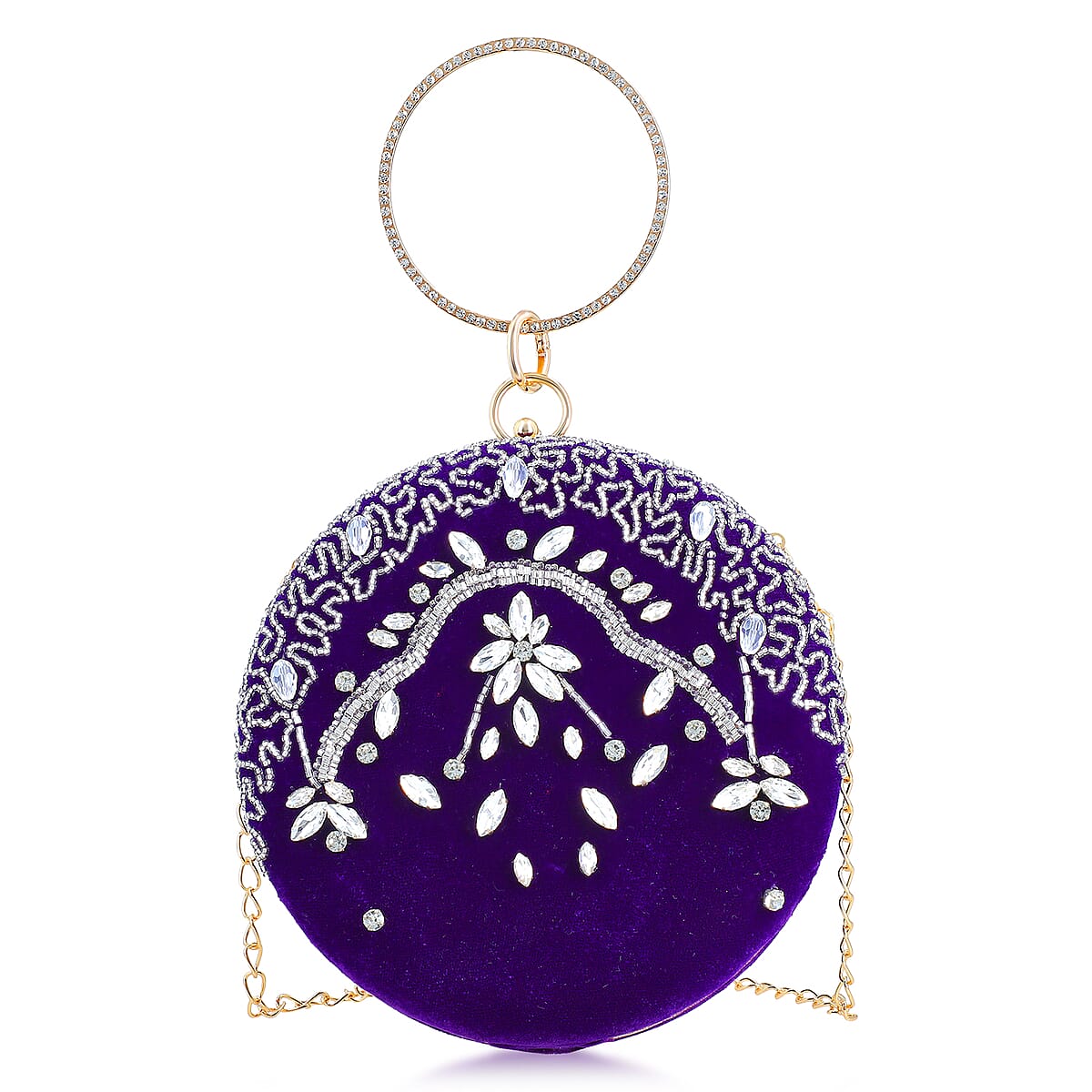 Purple Hand Embroidery Round Shaped Beads Studded Velvet Clutch with Ring Handle and Sling Chain image number 0