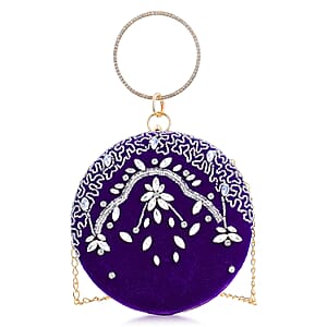 Purple Hand Embroidery Round Shaped Beads Studded Velvet Clutch with Ring Handle and Sling Chain