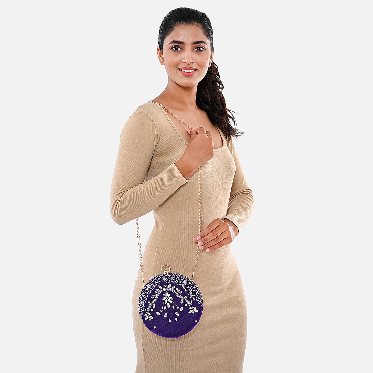 Purple Hand Embroidery Round Shaped Beads Studded Velvet Clutch with Ring Handle and Sling Chain image number 1