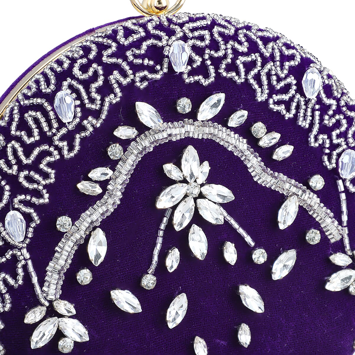 Purple Hand Embroidery Round Shaped Beads Studded Velvet Clutch with Ring Handle and Sling Chain image number 2