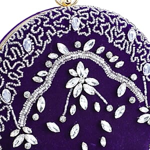 Purple Hand Embroidery Round Shaped Beads Studded Velvet Clutch with Ring Handle and Sling Chain