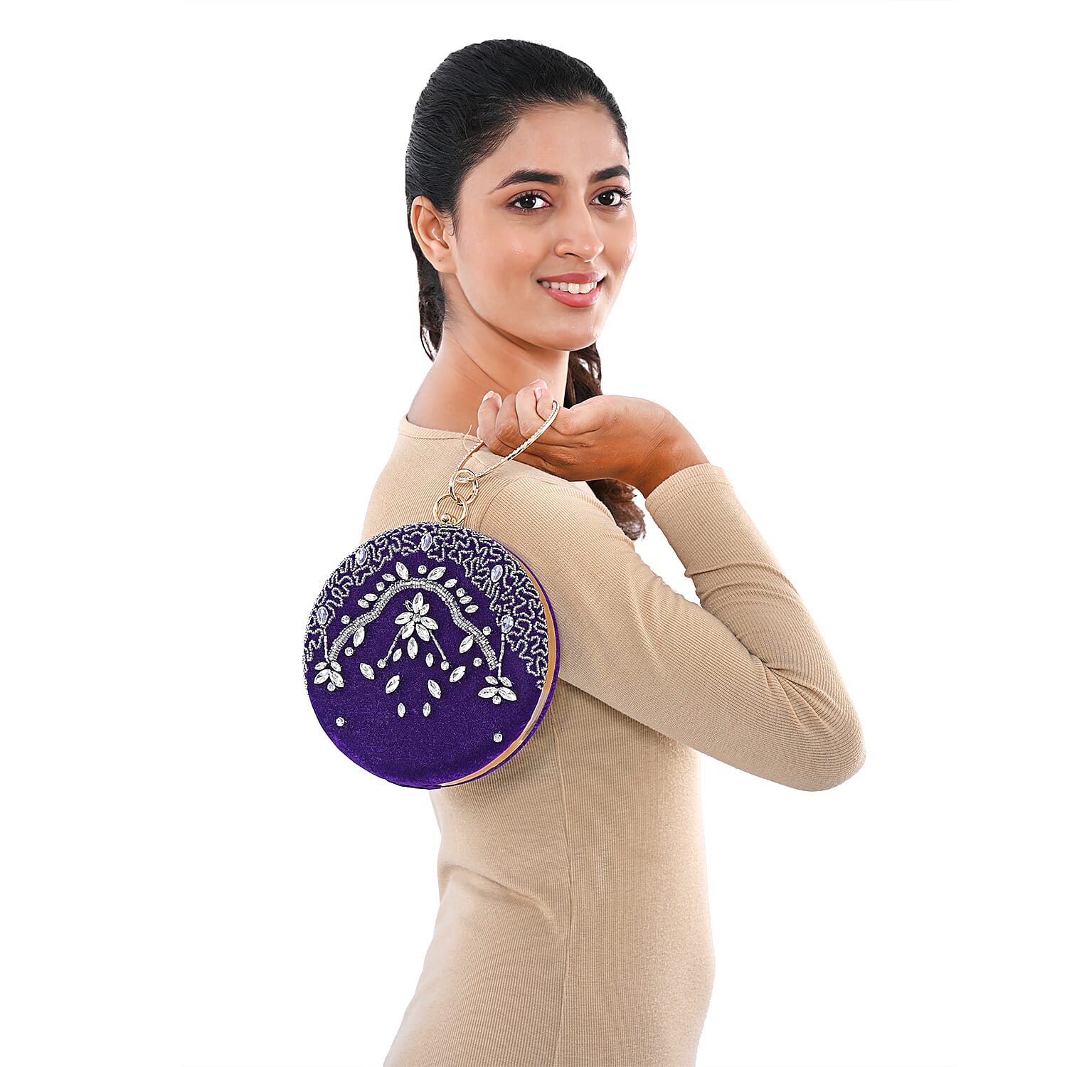 Purple Hand Embroidery Round Shaped Beads Studded Velvet Clutch with Ring Handle and Sling Chain