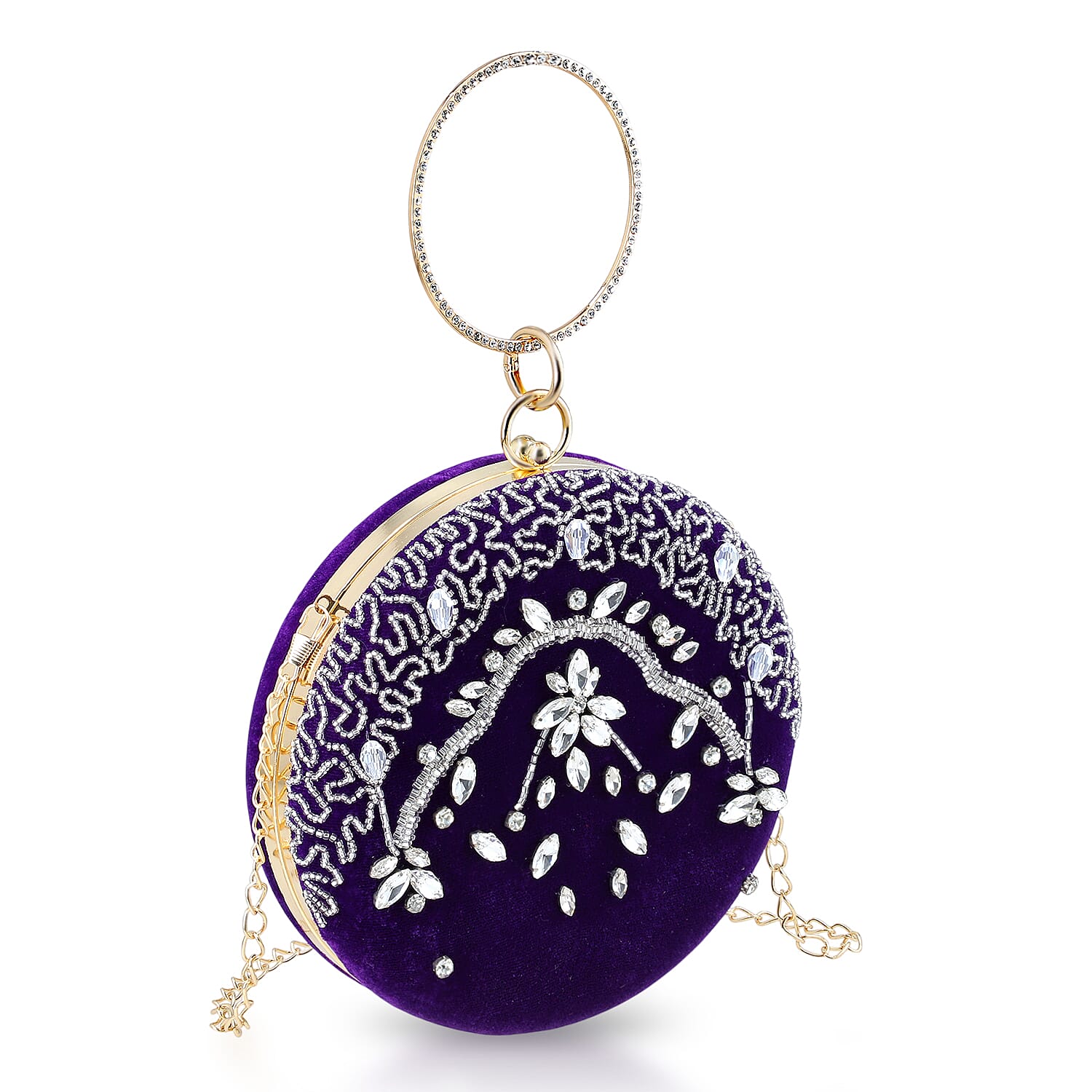 Purple Hand Embroidery Round Shaped Beads Studded Velvet Clutch with Ring Handle and Sling Chain