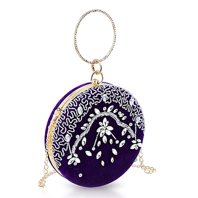 Purple Hand Embroidery Round Shaped Beads Studded Velvet Clutch with Ring Handle and Sling Chain