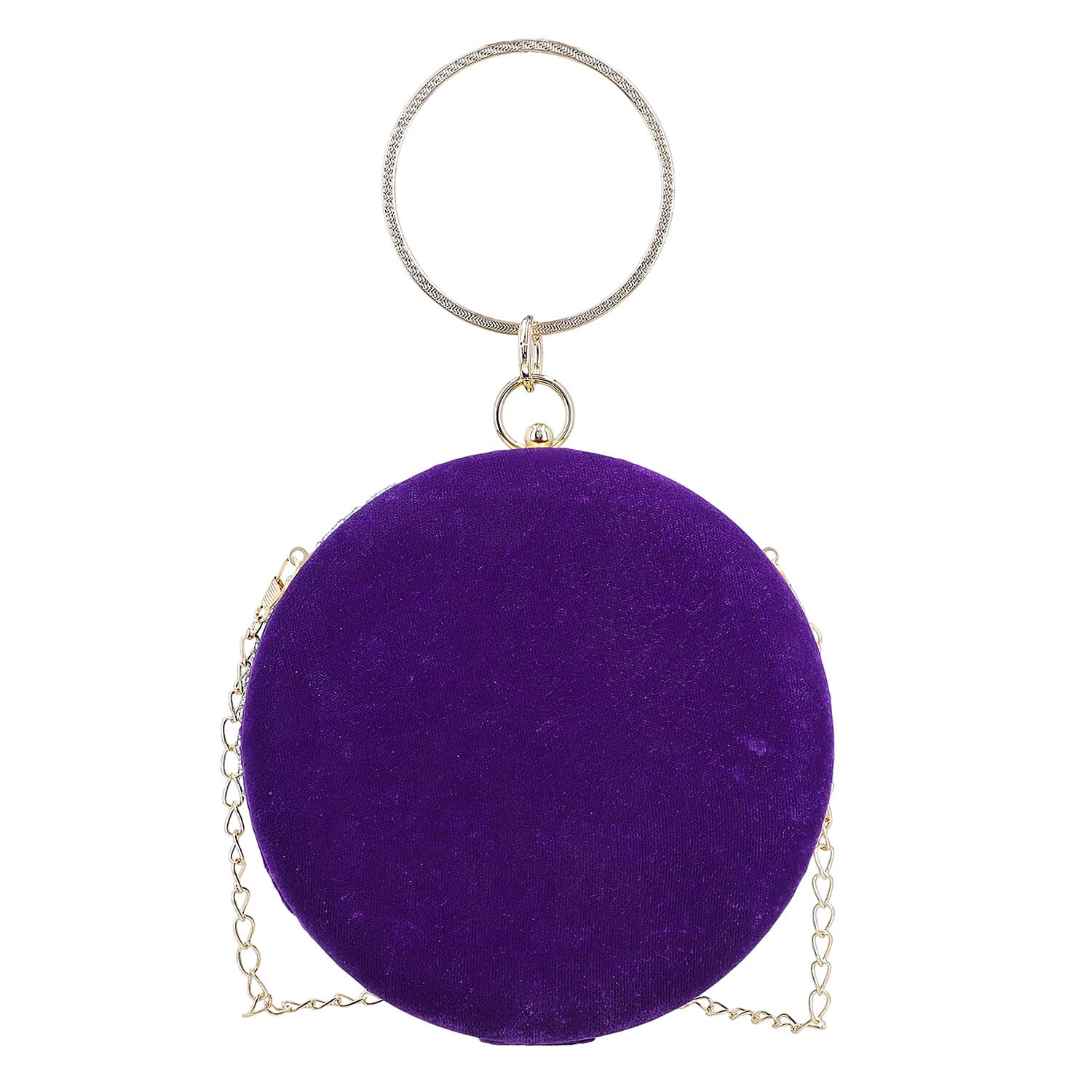 Purple Hand Embroidery Round Shaped Beads Studded Velvet Clutch with Ring Handle and Sling Chain