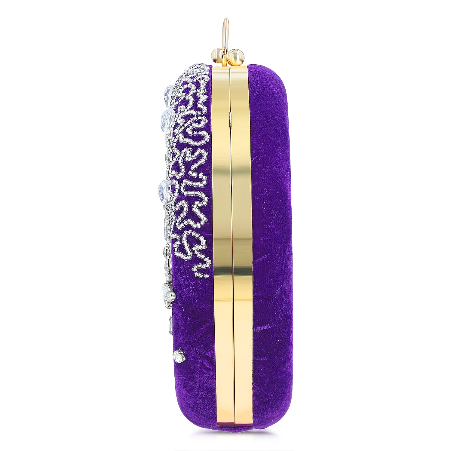 Purple Hand Embroidery Round Shaped Beads Studded Velvet Clutch with Ring Handle and Sling Chain