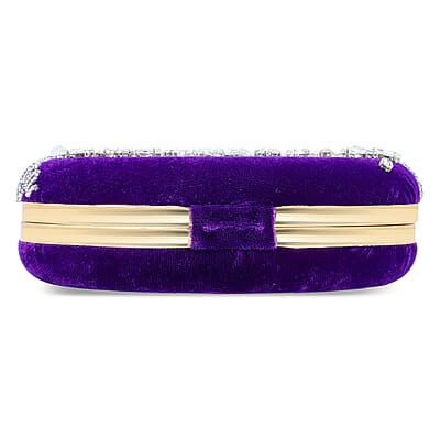 Purple Hand Embroidery Round Shaped Beads Studded Velvet Clutch with Ring Handle and Sling Chain