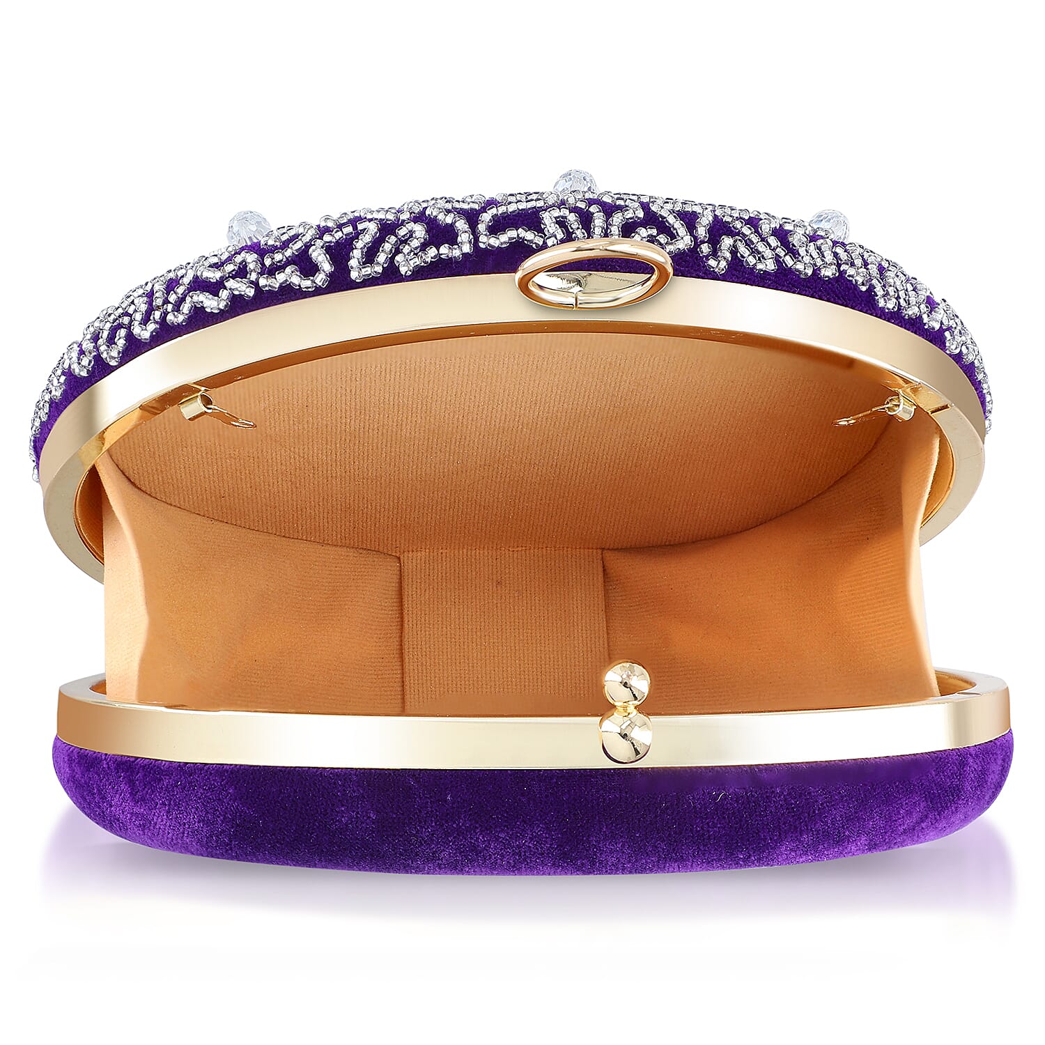 Purple Hand Embroidery Round Shaped Beads Studded Velvet Clutch with Ring Handle and Sling Chain