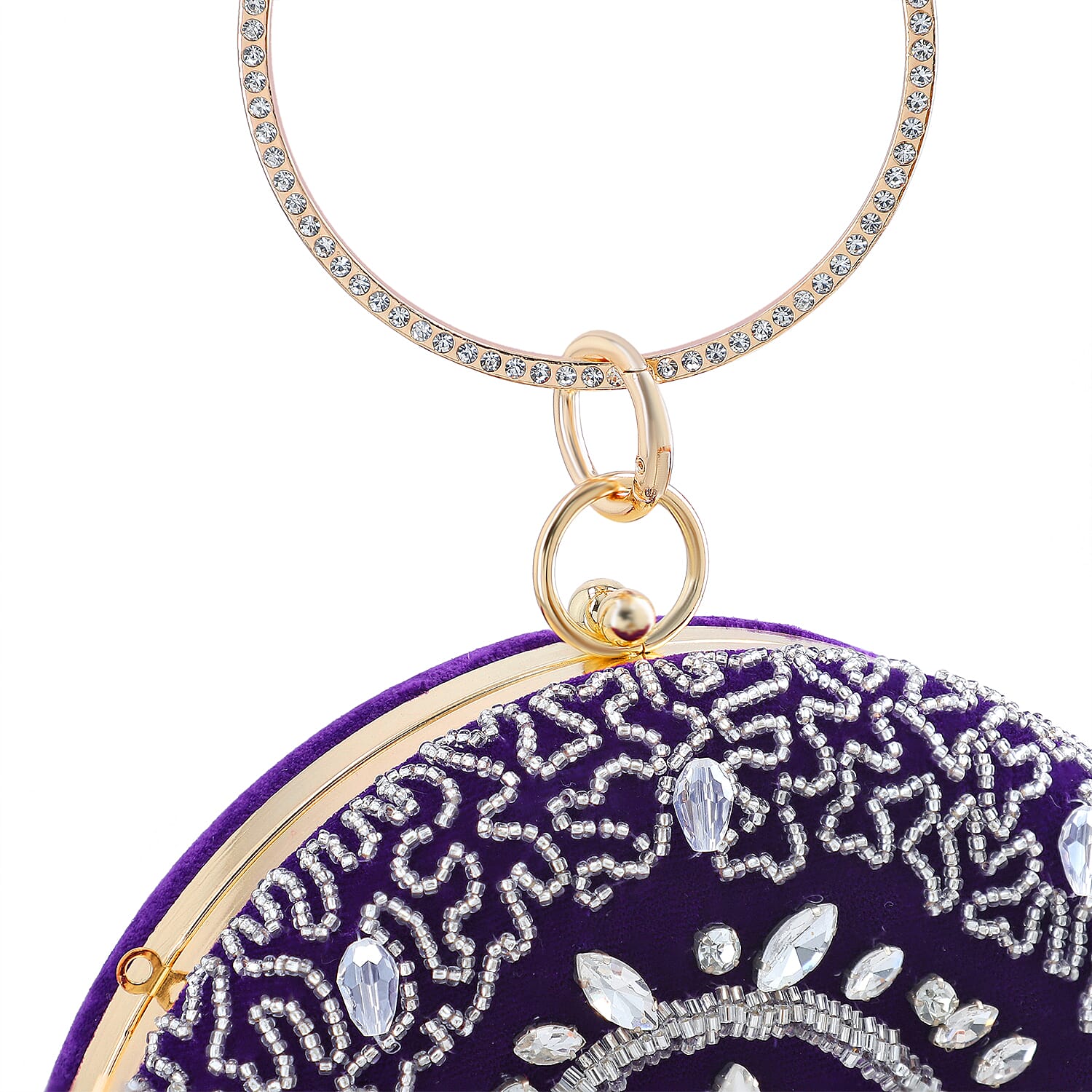 Purple Hand Embroidery Round Shaped Beads Studded Velvet Clutch with Ring Handle and Sling Chain