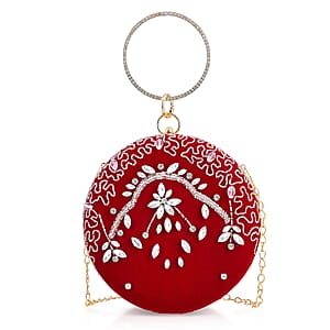 Burgundy Hand Embroidery Round Shaped Beads Studded Velvet Clutch with Ring Handle and Sling Chain