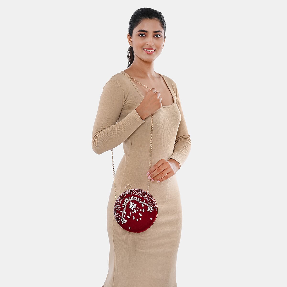 Burgundy Hand Embroidery Round Shaped Beads Studded Velvet Clutch with Ring Handle and Sling Chain image number 1