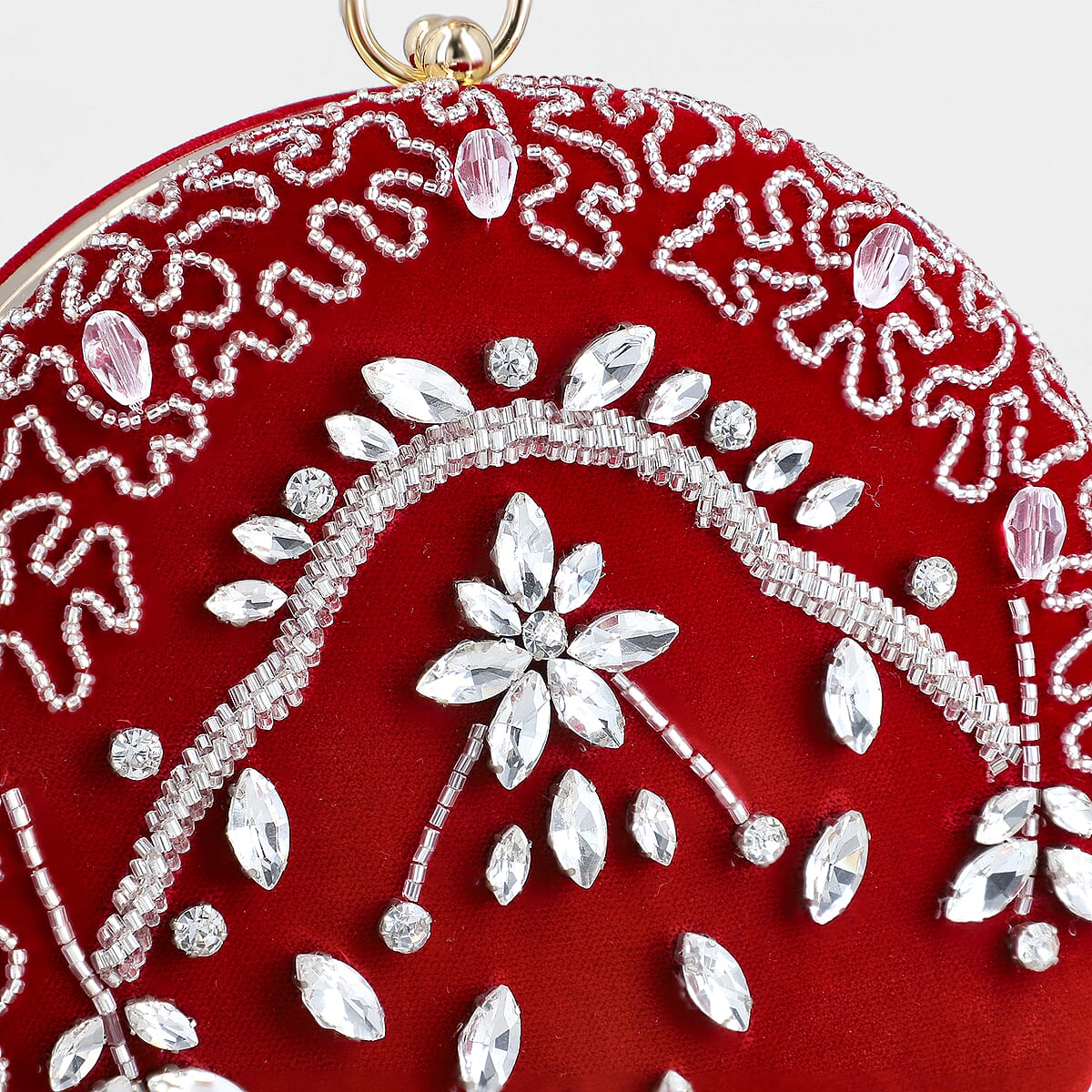 Burgundy Hand Embroidery Round Shaped Beads Studded Velvet Clutch with Ring Handle and Sling Chain image number 2