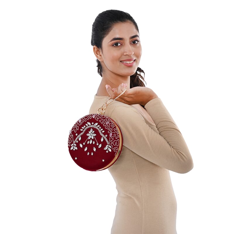 Burgundy Hand Embroidery Round Shaped Beads Studded Velvet Clutch with Ring Handle and Sling Chain
