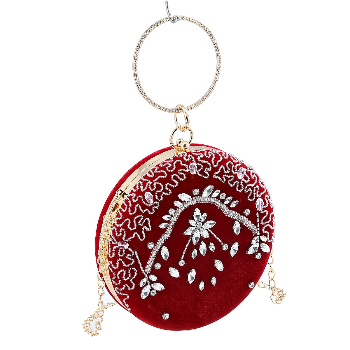 Burgundy Hand Embroidery Round Shaped Beads Studded Velvet Clutch with Ring Handle and Sling Chain image number 5
