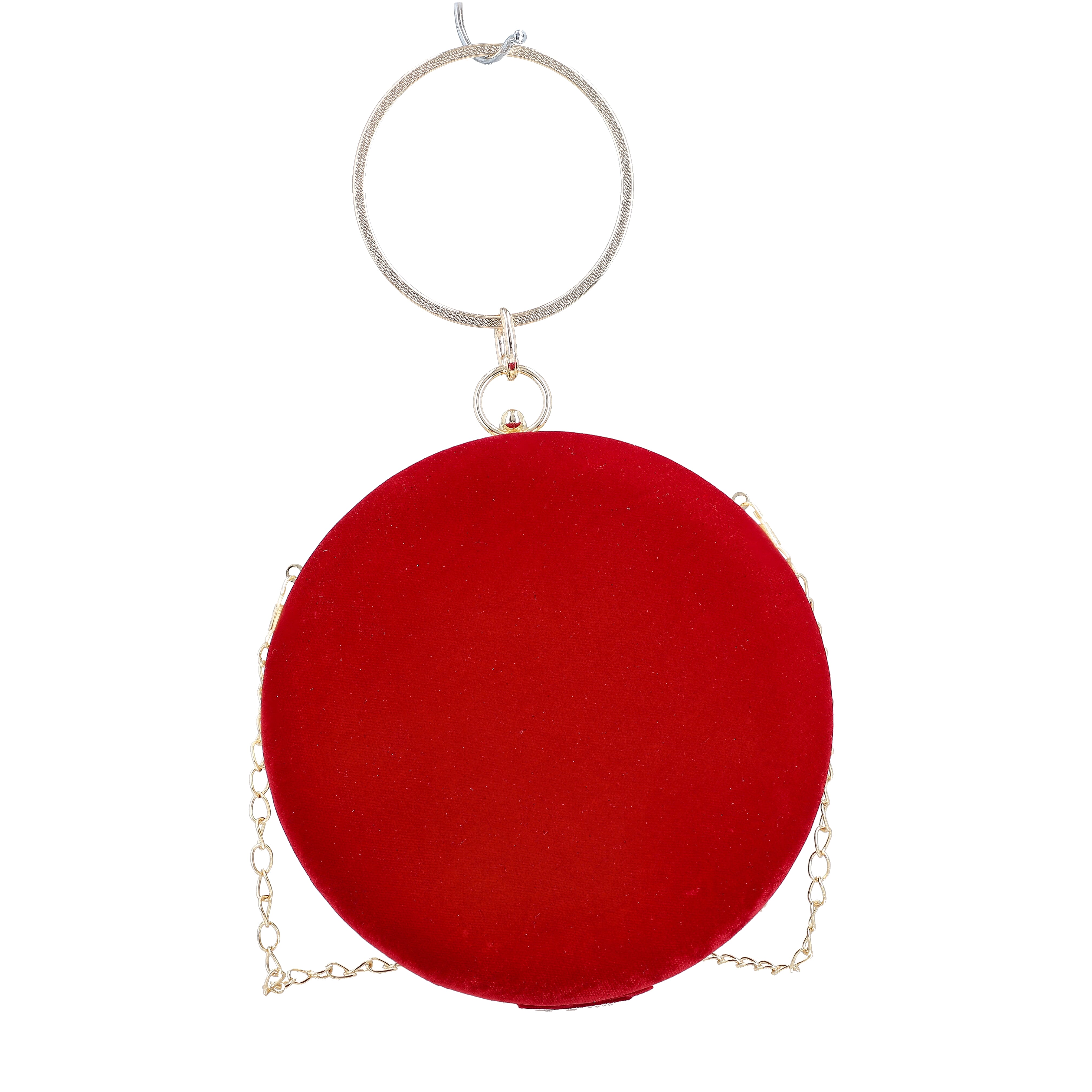 Burgundy Hand Embroidery Round Shaped Beads Studded Velvet Clutch with Ring Handle and Sling Chain