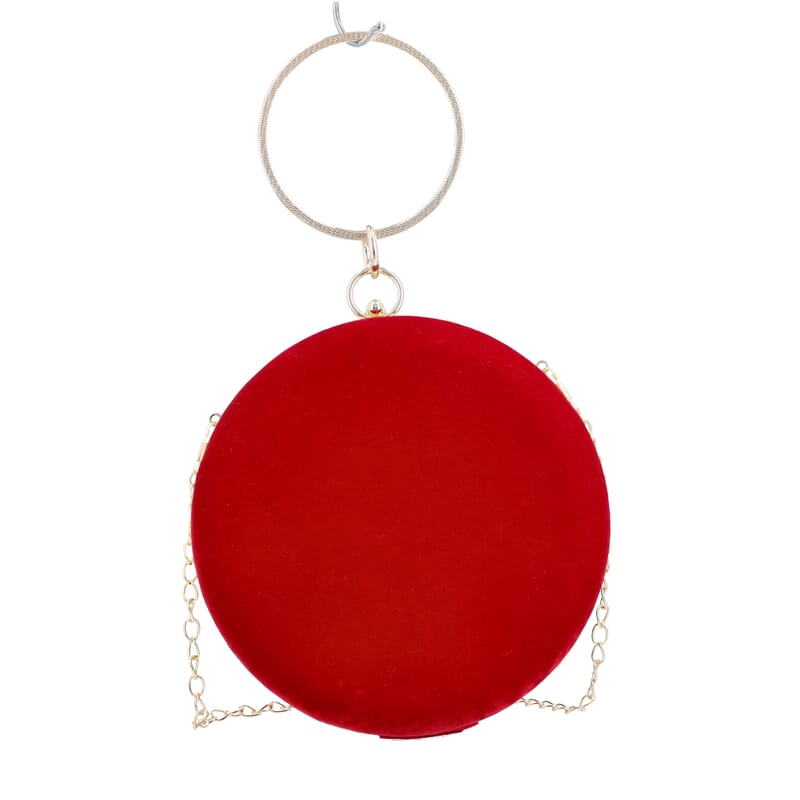 Burgundy Hand Embroidery Round Shaped Beads Studded Velvet Clutch with Ring Handle and Sling Chain
