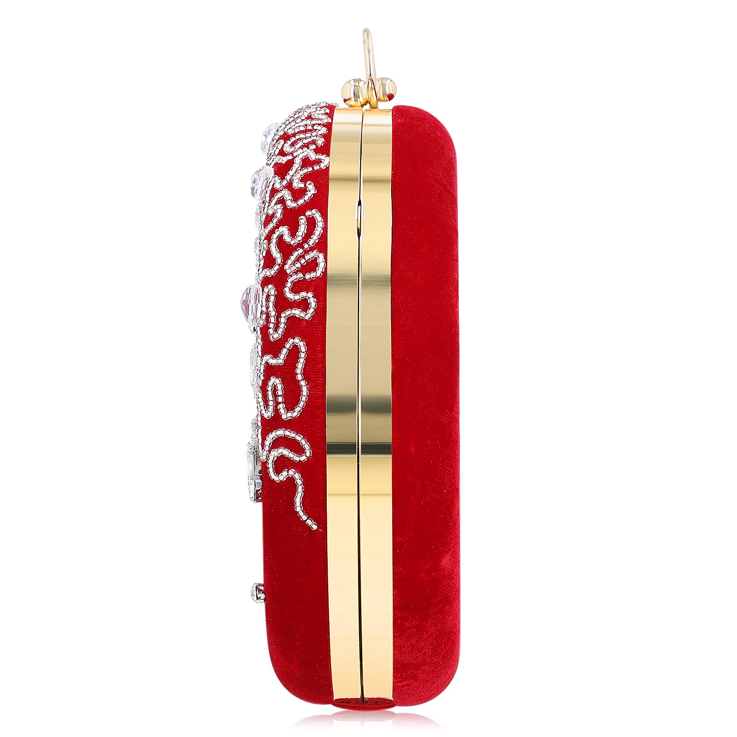 Burgundy Hand Embroidery Round Shaped Beads Studded Velvet Clutch with Ring Handle and Sling Chain