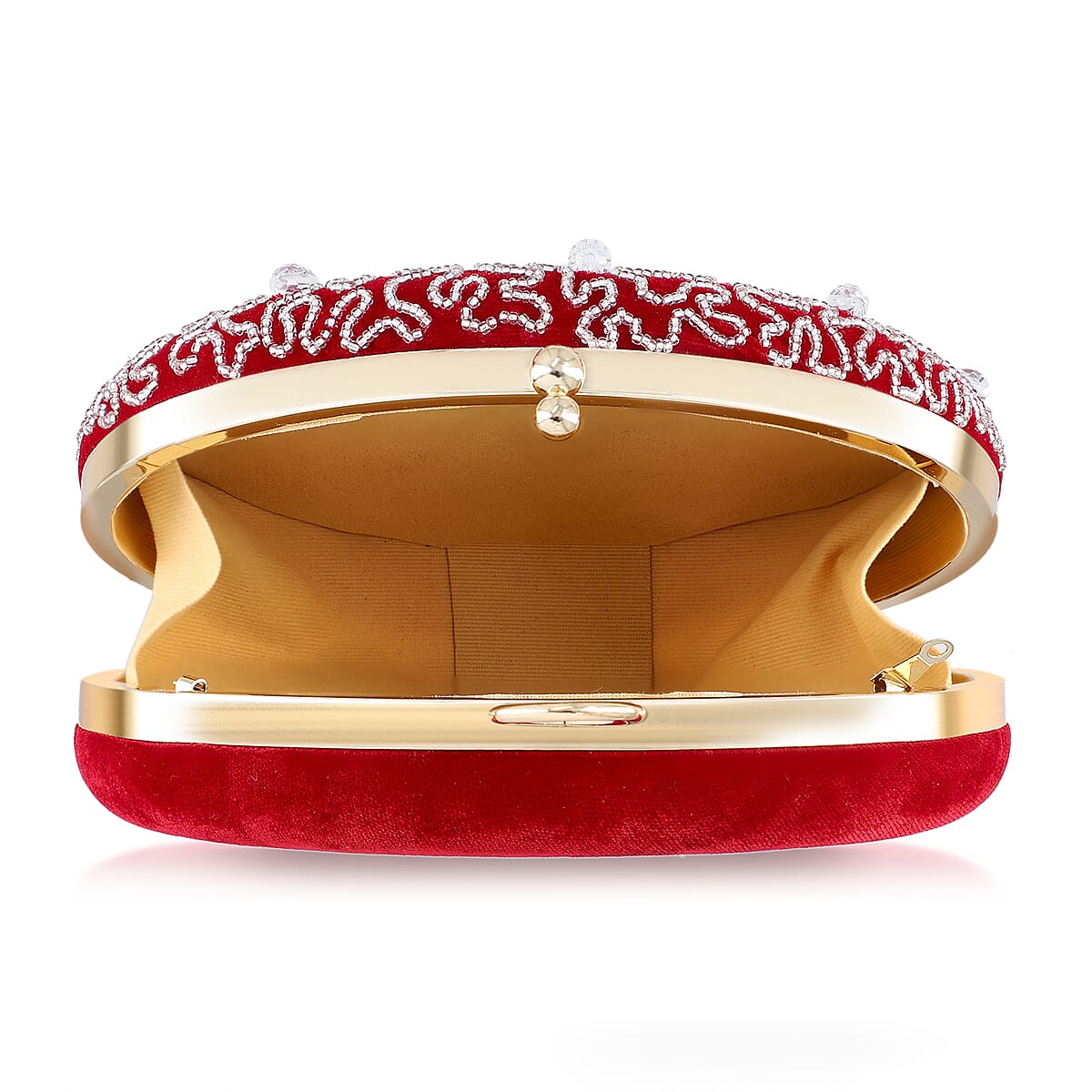 Burgundy Hand Embroidery Round Shaped Beads Studded Velvet Clutch with Ring Handle and Sling Chain image number 9