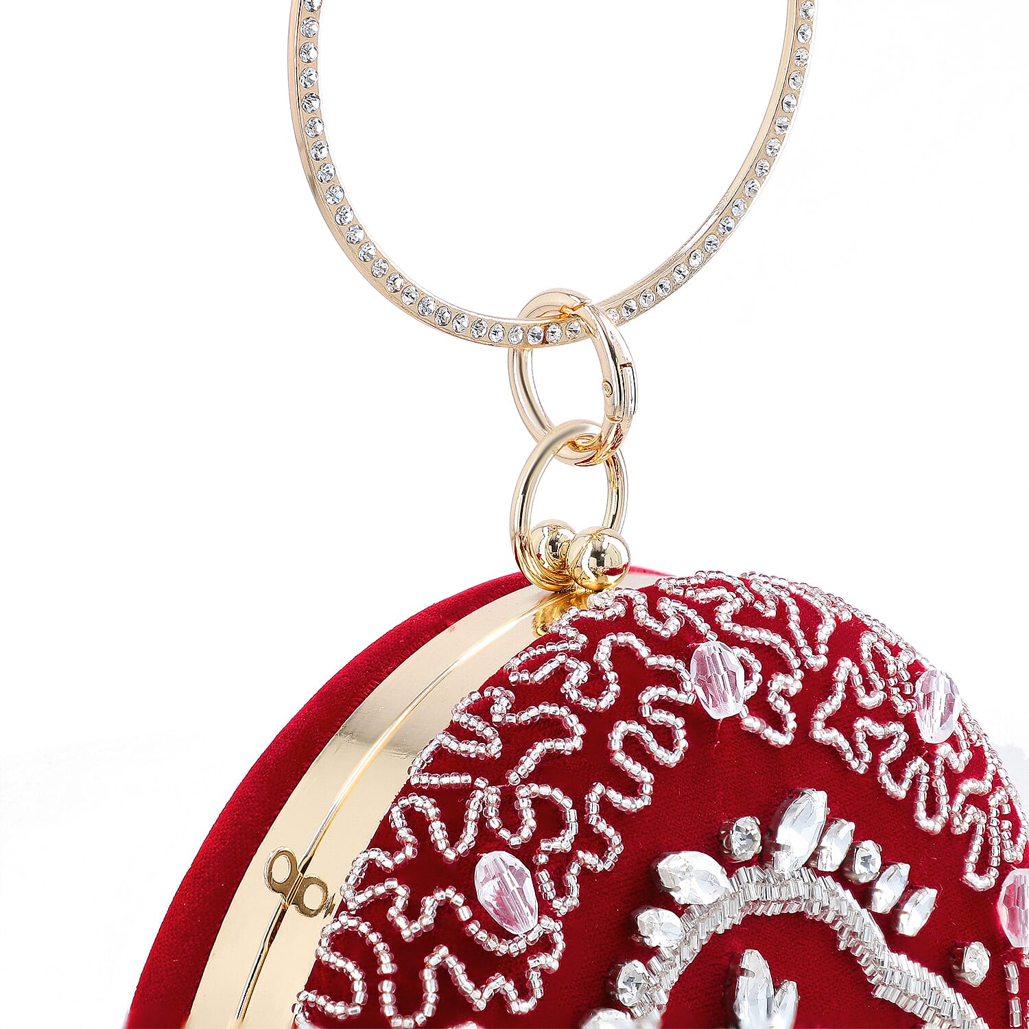 Burgundy Hand Embroidery Round Shaped Beads Studded Velvet Clutch with Ring Handle and Sling Chain