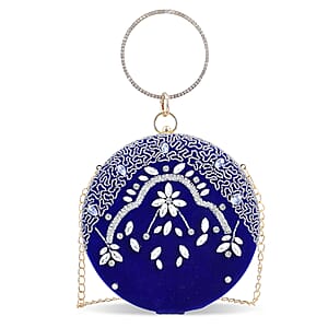 Royal Blue Hand Embroidery Round Shaped Beads Studded Velvet Clutch with Ring Handle and Sling Chain