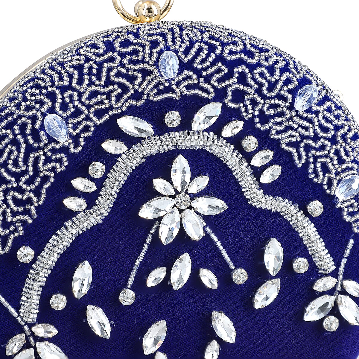 Royal Blue Hand Embroidery Round Shaped Beads Studded Velvet Clutch with Ring Handle and Sling Chain image number 2