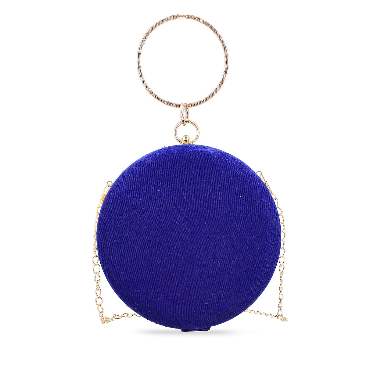 Royal Blue Hand Embroidery Round Shaped Beads Studded Velvet Clutch with Ring Handle and Sling Chain image number 6