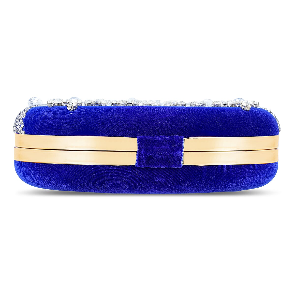 Royal Blue Hand Embroidery Round Shaped Beads Studded Velvet Clutch with Ring Handle and Sling Chain image number 8